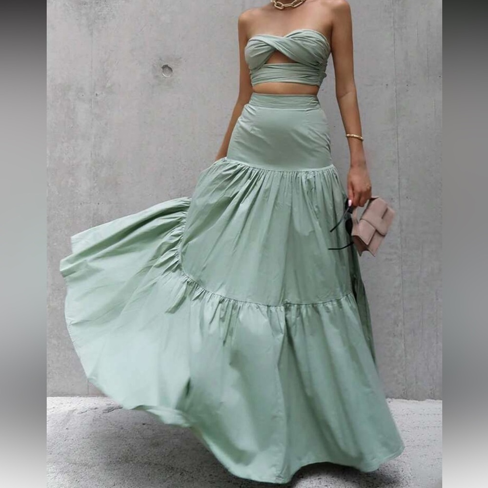 Elegant Green Maxi Skirt Set